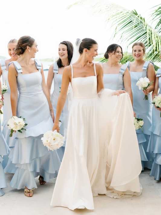 Baby Blue Mermaid Straps Tiered Satin Prom Dress Bridesmaid Dress SH2606