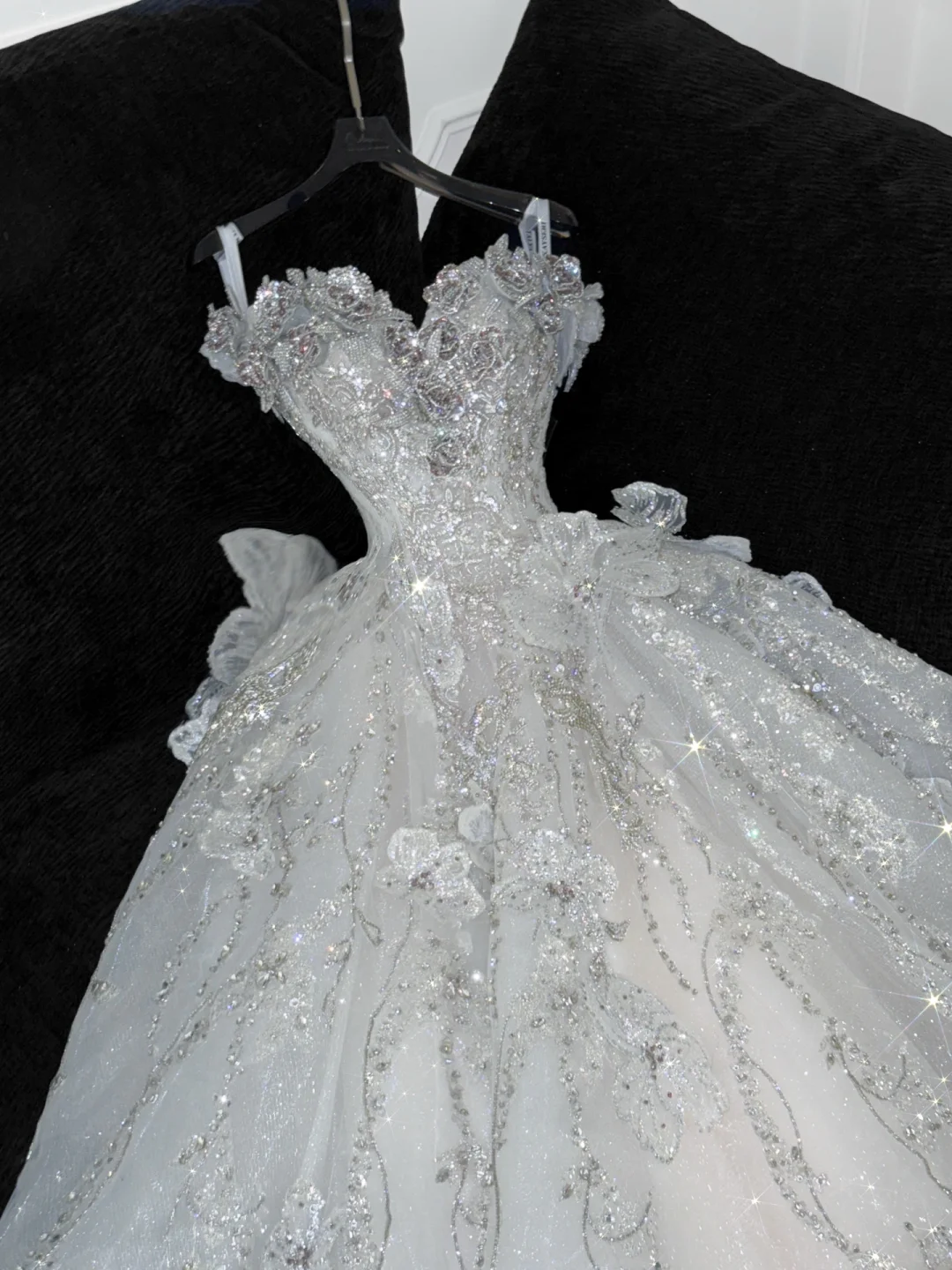 Gorgeous Ball Gown Strapless White Flower Silver Sequin Organza Prom Dress Party Dress SH3415