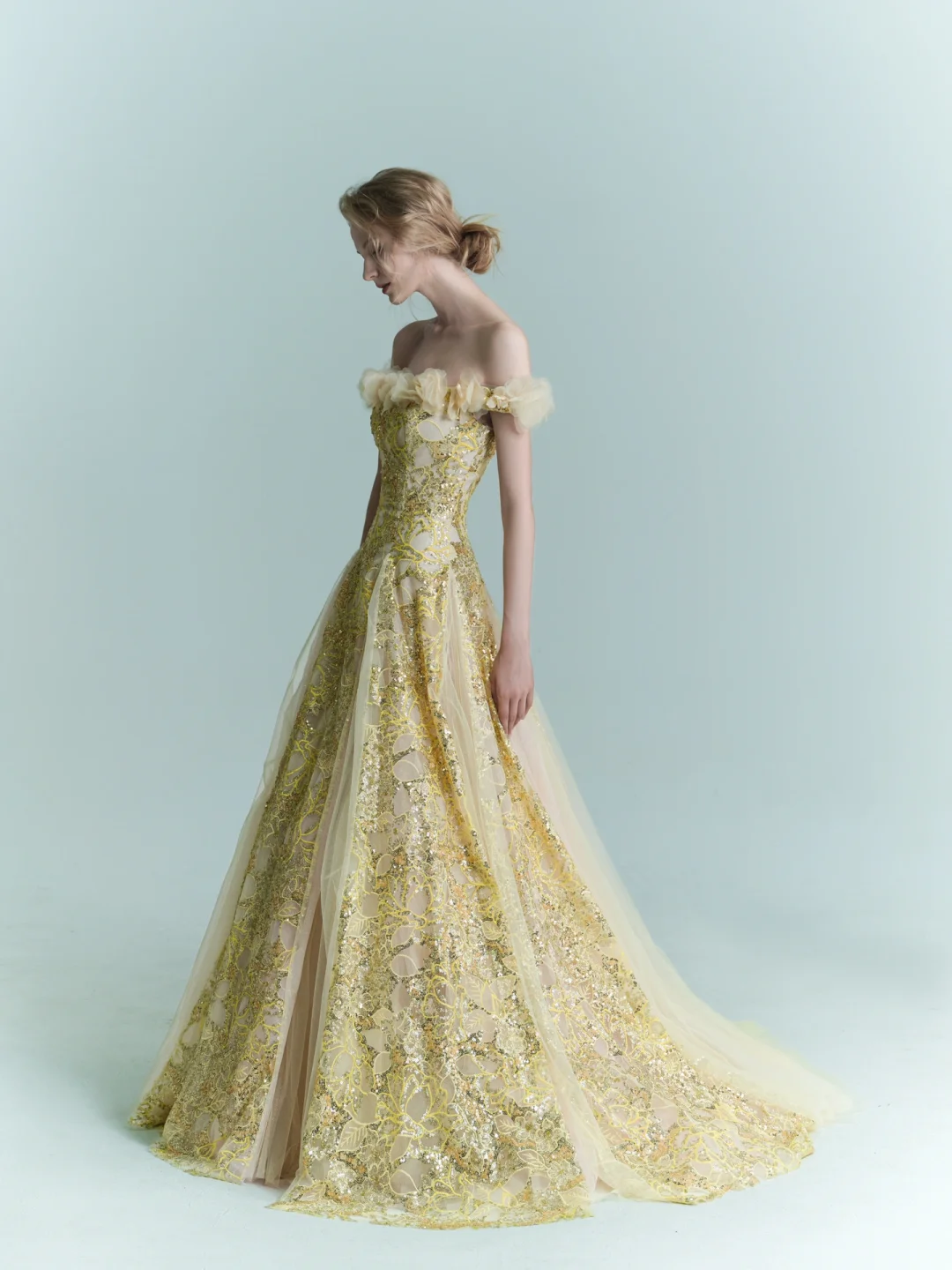 Yellow A Line Off the Shoulder Floral Sequin Tulle Prom Dress Evening Dress SH4225