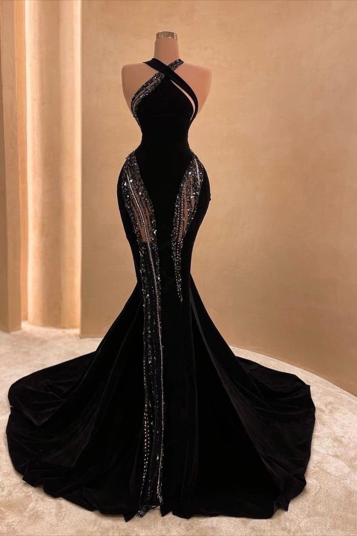 black halter mermaid prom dress Open-Back Halter V-Neck Mermaid Prom Dress with Bow Black / 2
