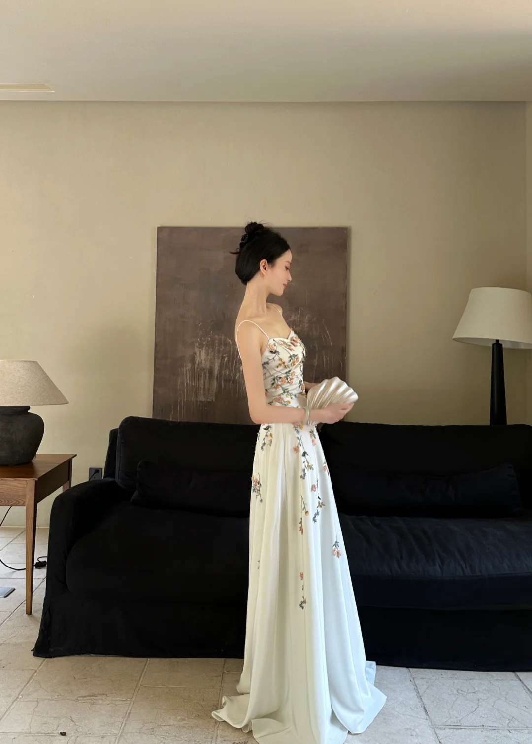 Elegant Floral A Line Spaghetti Strap White Satin Long Prom Dress Formal Dress 16th Birthday Dress SH3961