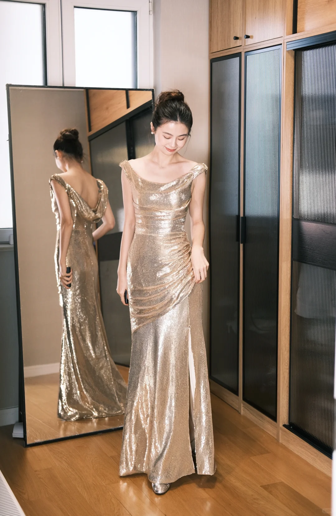 Shiny A Line Straps Golden Sequin Long Party Dress Wedding Guest Dress with Slit SH2929 Shiny A Line Straps Golden Sequin Long Party Dress Wedding Guest Dress with Slit SH2929