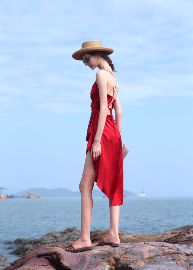 Burgundy A Line Spaghetti Strap Satin Open Back Short Homecoming Dress Vacation Dress Outfits SH3995