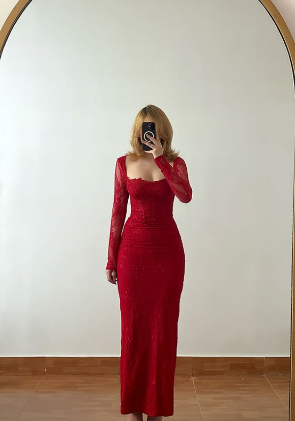 Sexy Red Sheath Long Sleeve Lace Prom Dress Evening Dress SH6890