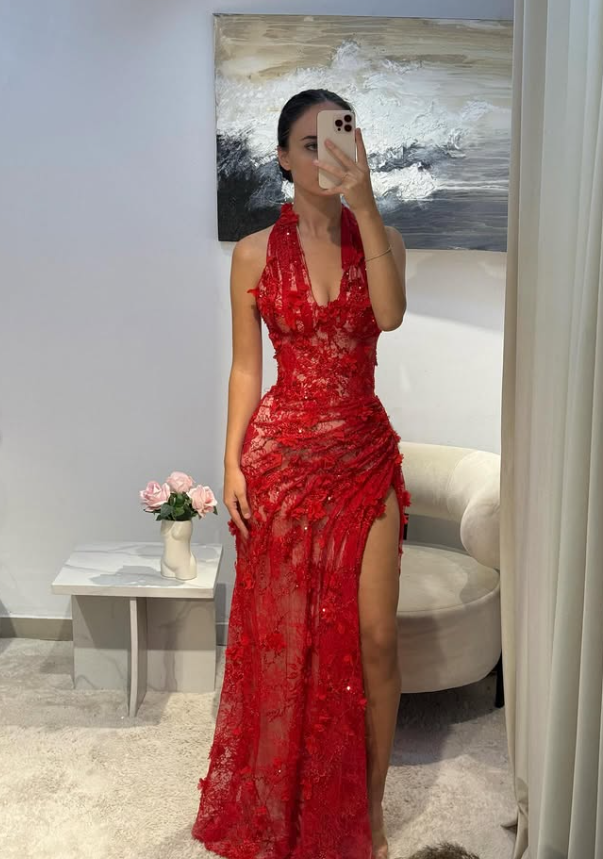 Baby Red Sheath V Neck Beaded 3D Floral Lace Prom Dress Evening Dress SH4544