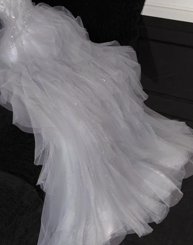 Romantic A Line Strapless Beaded Ruffle Grey Tulle Party Dress Evening Dress SH3371