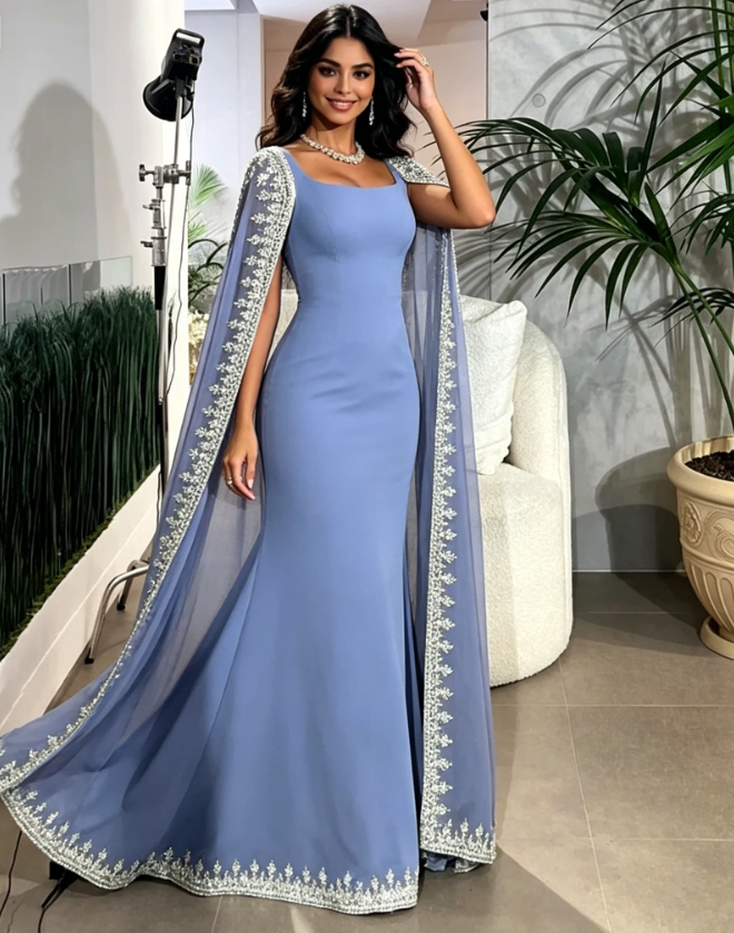 Sparkly Blue Evening Dresses Cape Long Mermaid Prom Dress Formal Evening Dress Wedding Dress SH945