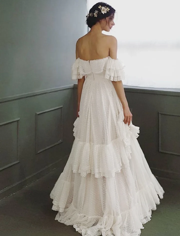 Elegant A Line Off the Shoulder Tiered White Tulle Long Prom Dress Evening Dress SH2632