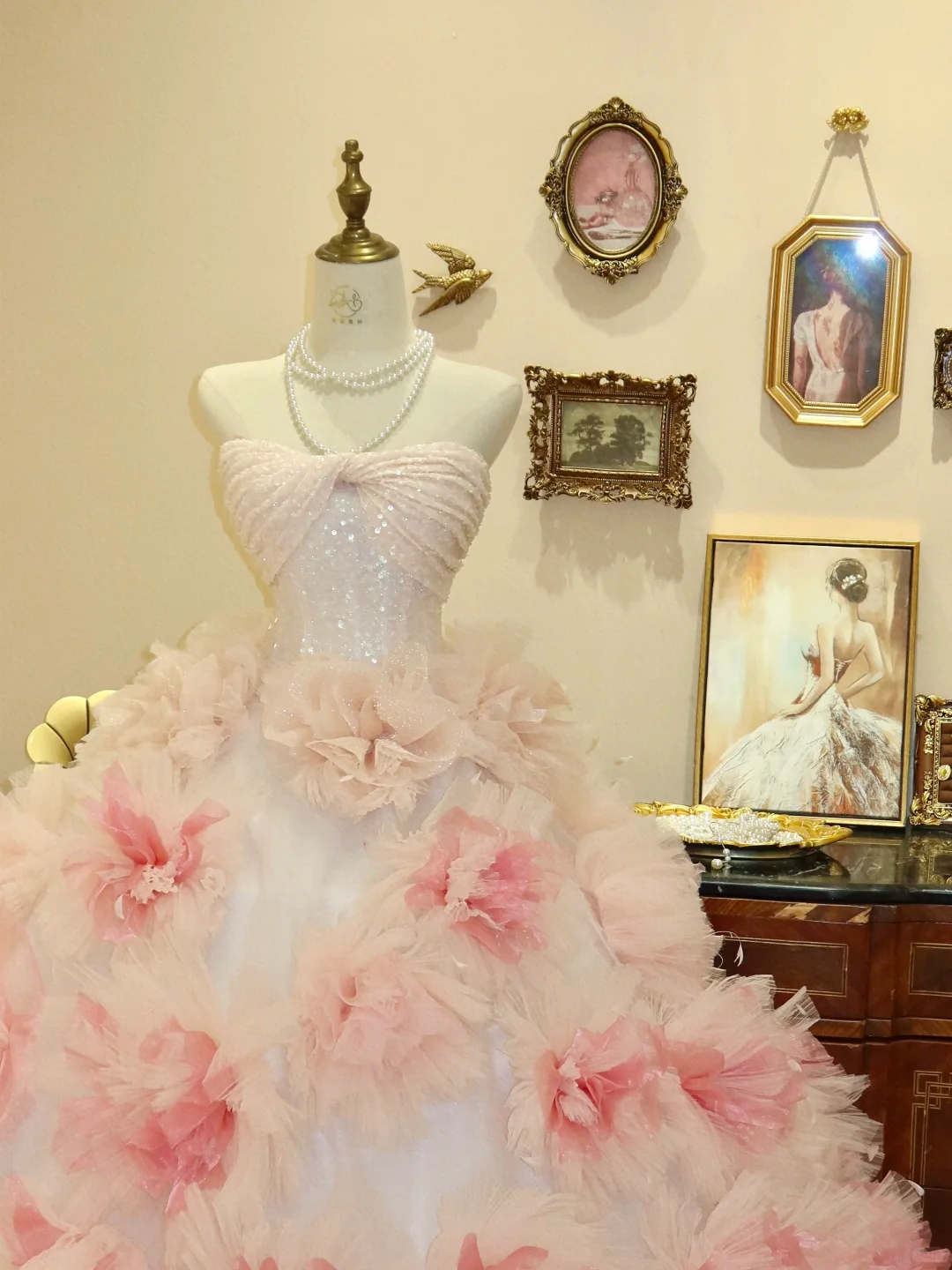 Light Pink Ball Gown Sweetheart Neck Sequin Floral Tulle Prom Dress Evening Dress SH7373