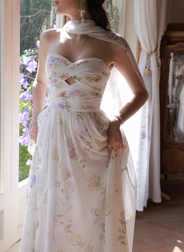 Dreamy A Line Sweetheart Neck Print Floral Chiffon Prom Dress Party Dress SH4172