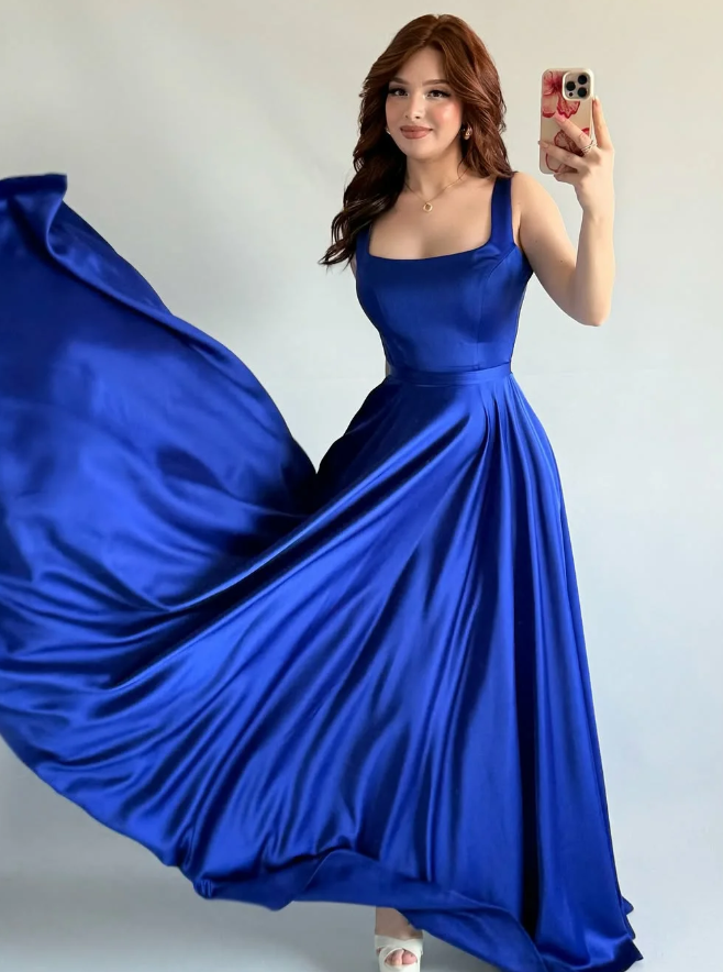 Simple Royal Blue A Line Spaghetti Straps Satin Prom Dress Date Dress SH5549