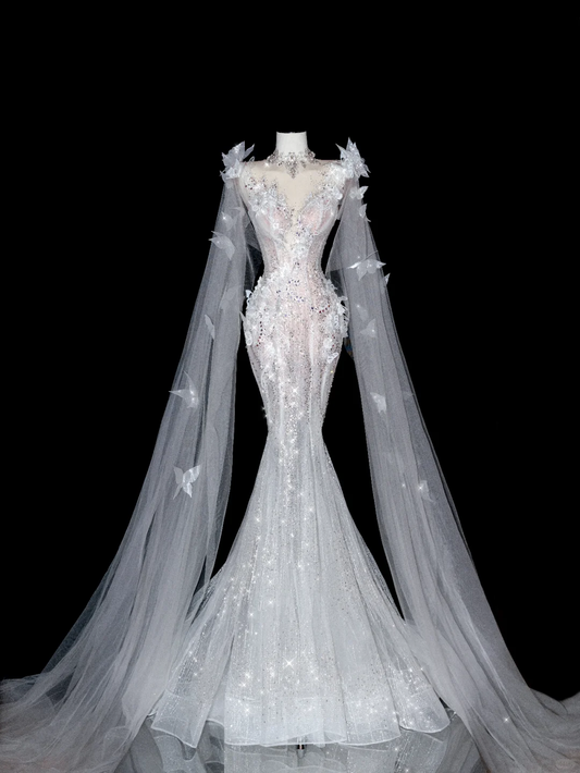 Butterfly Exquisite Flowy Mermaid Beaded Sequin White Tulle Long Prom Dress Party Dress SH3493