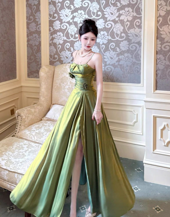 Green A Line Straps Floral Satin Prom Dress Evening Dress Formal Dress SH4086