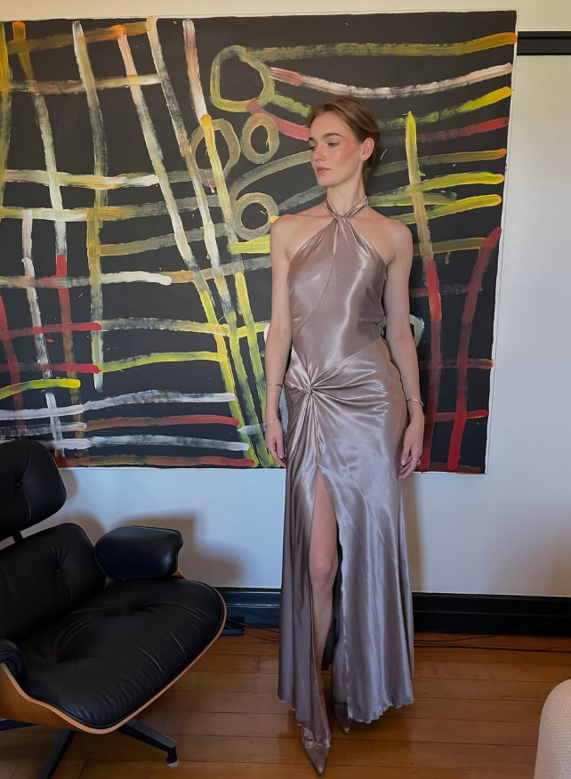 Simple A Line Halter Brown Satin Open Back Long Prom Dress Graduation Prom Dress with Slit SH2594