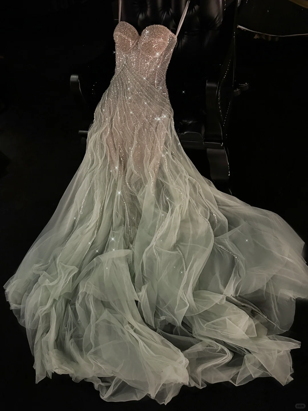 Romantic A Line Strapless Beaded Green Champagne Tulle Party Dress Evening Dress SH3372