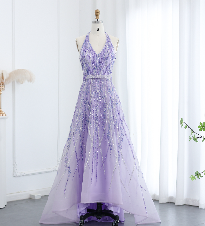 Lilac A Line V Neck Sequin Beaded Tulle Long Prom Dress Evening Dress SH2374