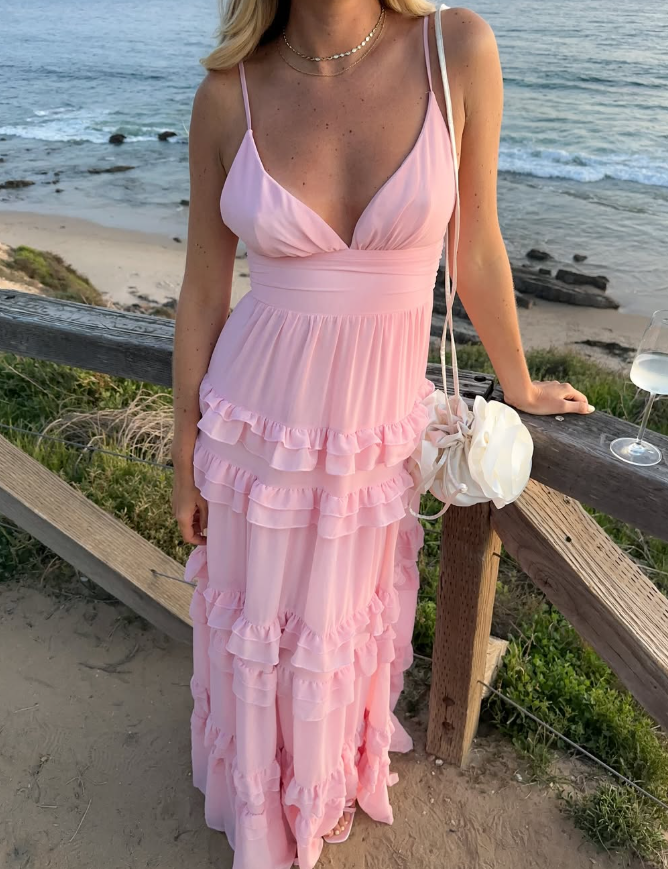 Simple Pink A Line Spaghetti Strap Layered Chiffon Open Back Date Dress Outfits SH3883 Simple Pink A Line Spaghetti Strap Layered Chiffon Open Back Date Dress Outfits SH3883