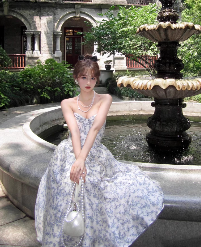 Blue A Line Sweetheart Neck Print Floral Satin Prom Dress 16th Birthday Dress SH3984