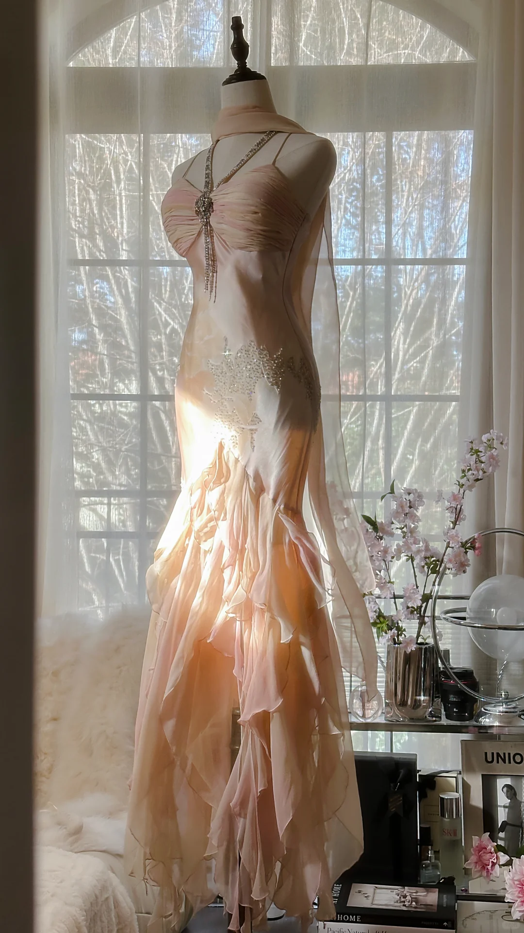 Fairy Mermaid Spaghetti Strap Beaded Ruffle Chiffon Long Prom Dress Evening Dress SH2981