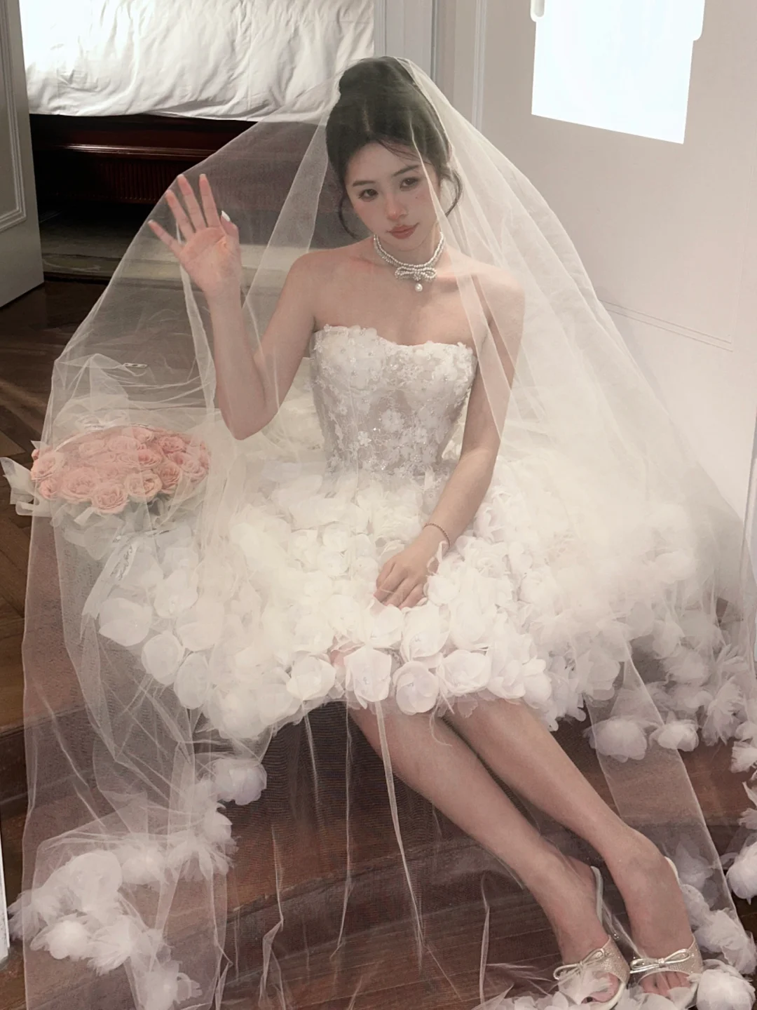 Exquisite 3D Floral A Line Strapless White Tulle Short Cocktail Dress Homecoming Dress SH3403