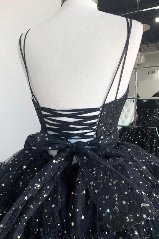 Shiny High Low Black Long Formal Dresses V Neckline Tulle Layered Prom Dresses SH826