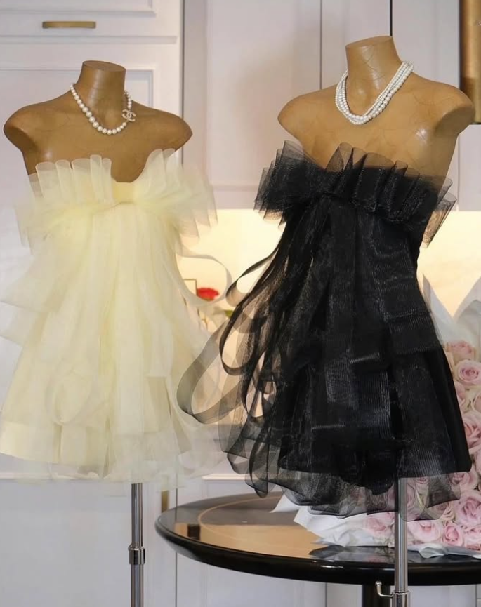 Light Yellow A Line Strapless Bow Layered Organza Mini Homecoming Dress SH3340