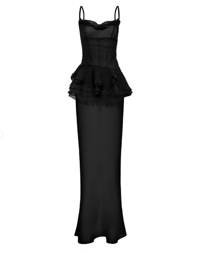 Sexy Sheath Spaghetti Strap Black Chiffon Long Prom Dress Evening Dress SH2159