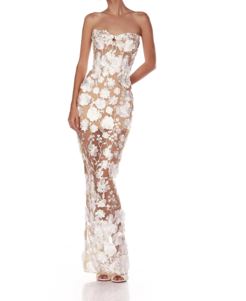 Champagne Sheath Strapless Appliques Tulle Long Party Dress Evening Dress SH3131