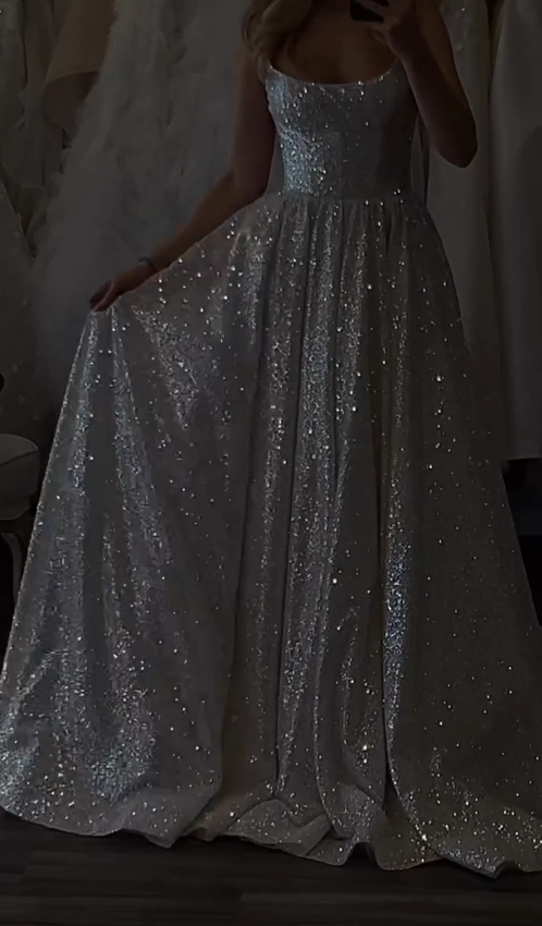 Shiny Ball Gown Straps Silver Sequin Long Prom Dress Wedding Dress SH8384
