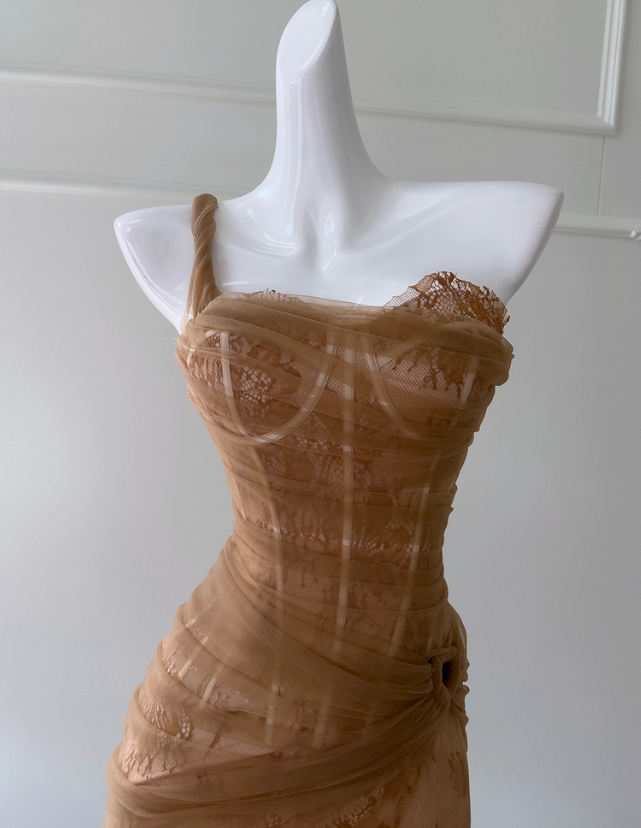 Sexy Brown Sheath One Shoulder Lace Prom Dress Birthday Dress SH4510