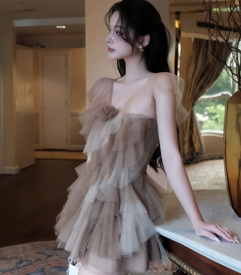 Romantic Brown A Line V Neck Layered Tulle Short Homecoming Dress Cocktail Dress SH3302
