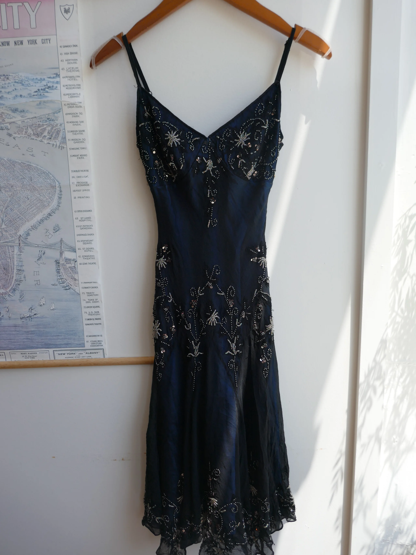 Gorgeous Mermaid Spaghetti Straps Beaded Navy Blue Satin Long Prom Dress SH1150