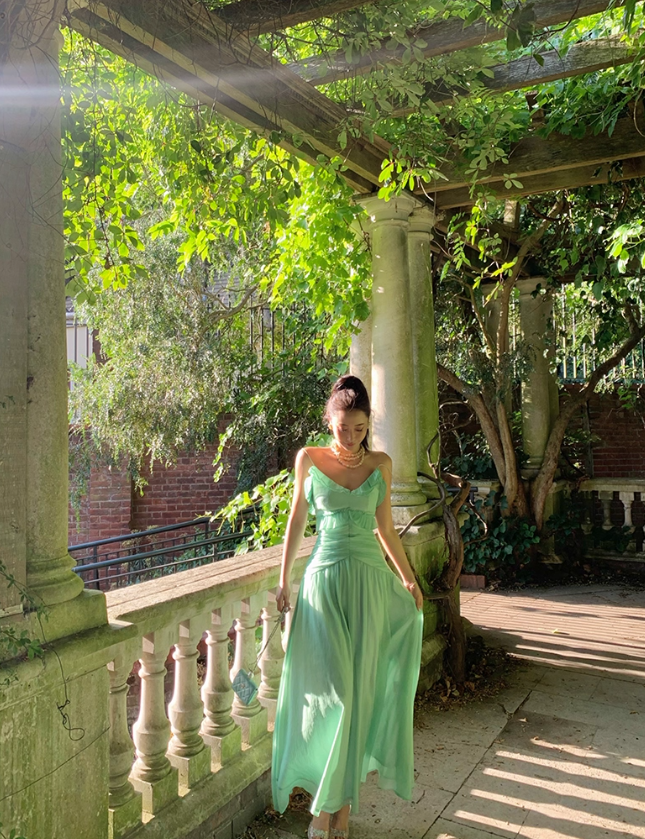 Charming Green A Line Spaghetti Strap Ruffle Chiffon Long Prom Dress Party Dress SH4032