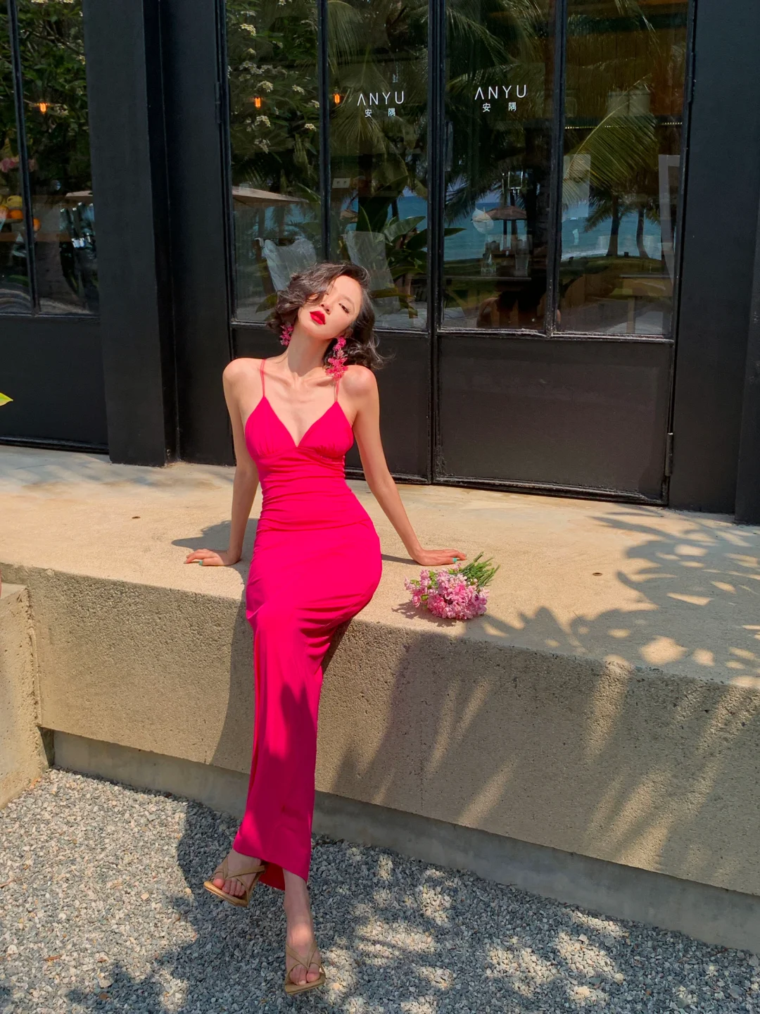 Hot Pink Butterfly Sheath Spaghetti Strap Satin Open Back Long Prom Dress Vacation Dress SH4315