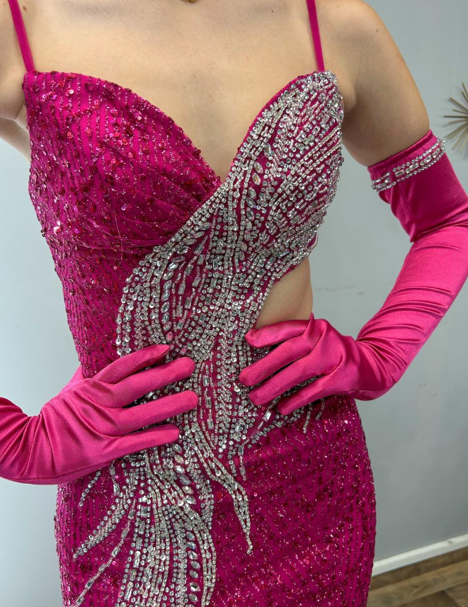 Hot Pink Sheath Straps Shiny Beaded Sequin Tulle Long Prom Dress Evening Dress SH6781