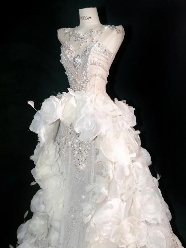 3D Flower White A Line Sweetheart Neck Rhinestone Tulle Long Prom Dress SH3247