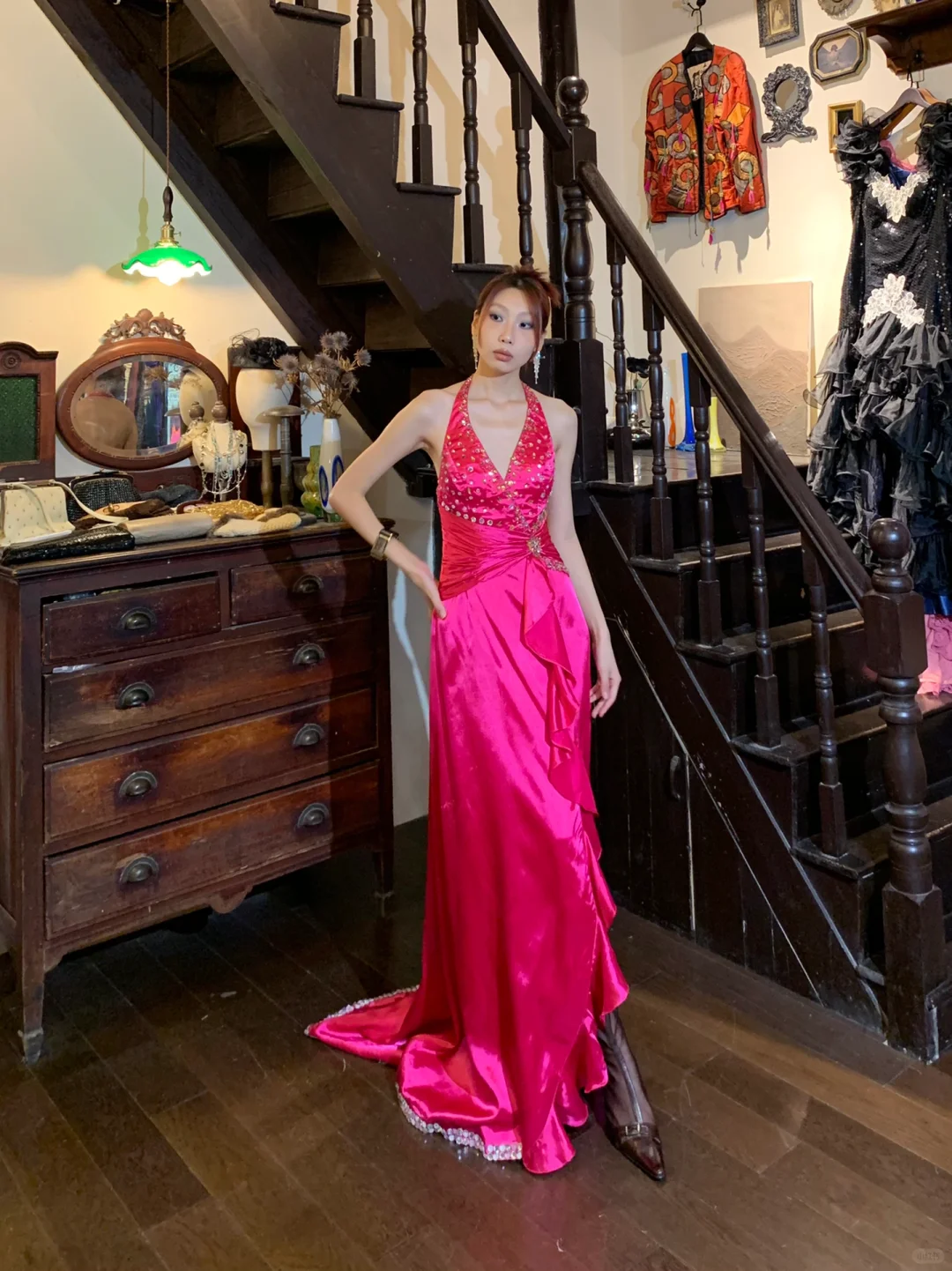 Barbie Pink Retro Mermaid Halter Beaded Ruffle Satin Party Dress Evening Dress SH3369