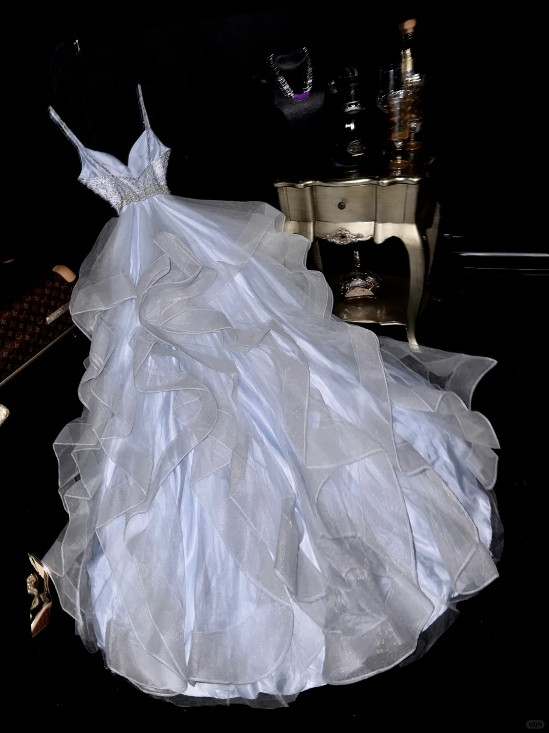Gentle A Line Spaghetti Strap Beaded Ruffle White Organza Purple Satin Long Prom Dress Party Dress SH3068