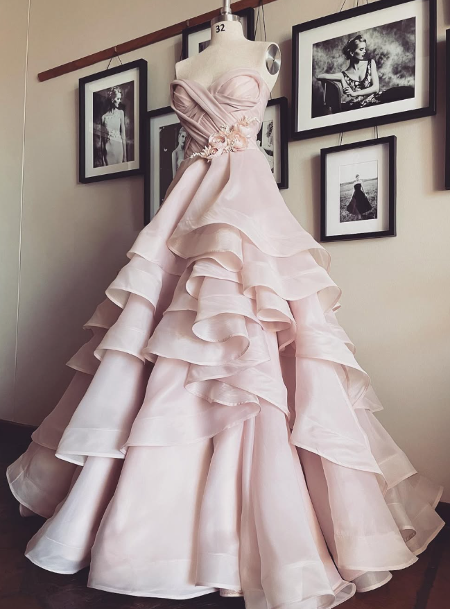 Gentle A Line Sweetheart Neck Flower Tiered Pink Tulle Long Party Dress Evening Dress SH2890