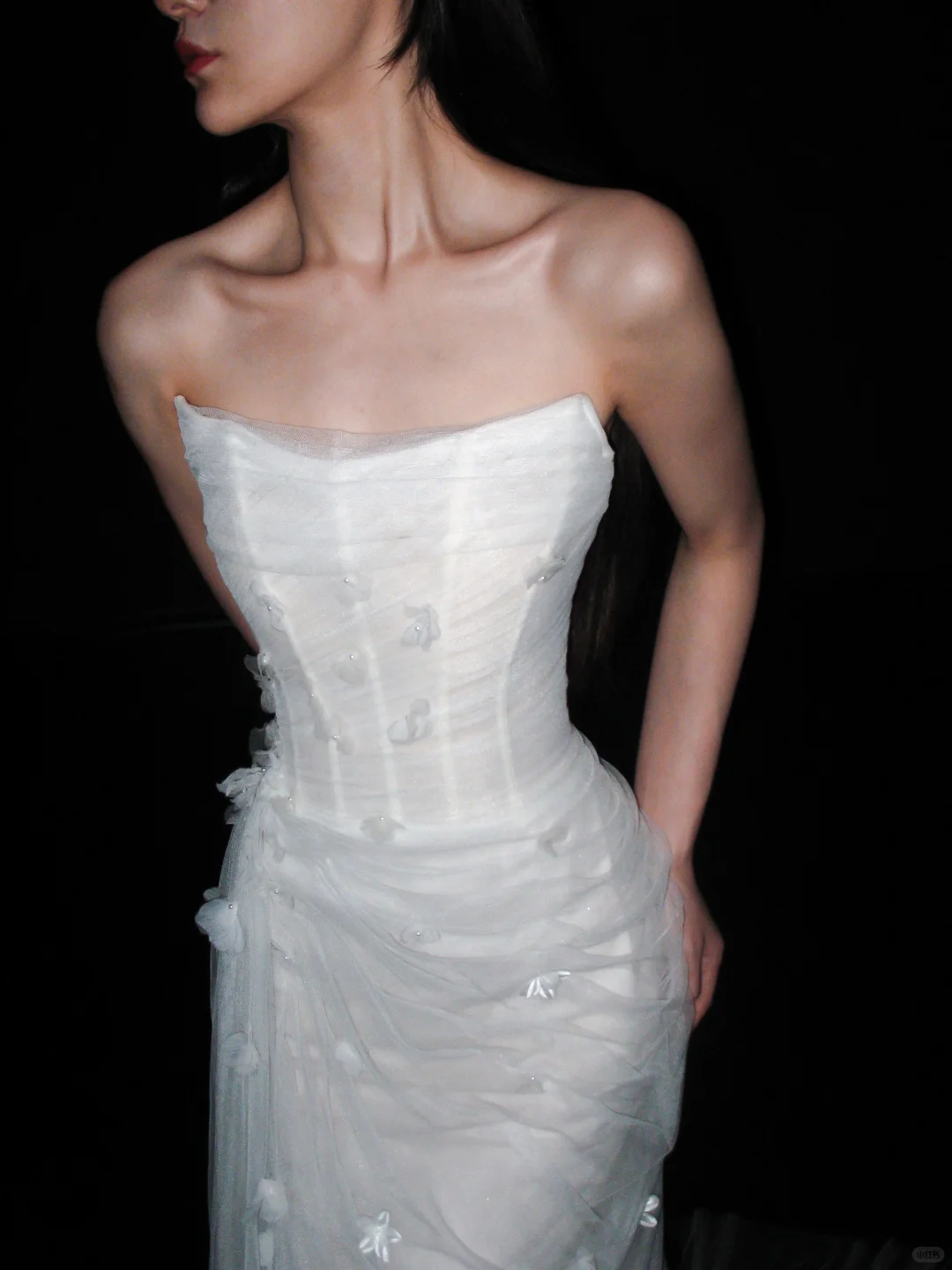 Charming Sheath Strapless 3D Floral White Tulle Long Wedding Dress SH5963
