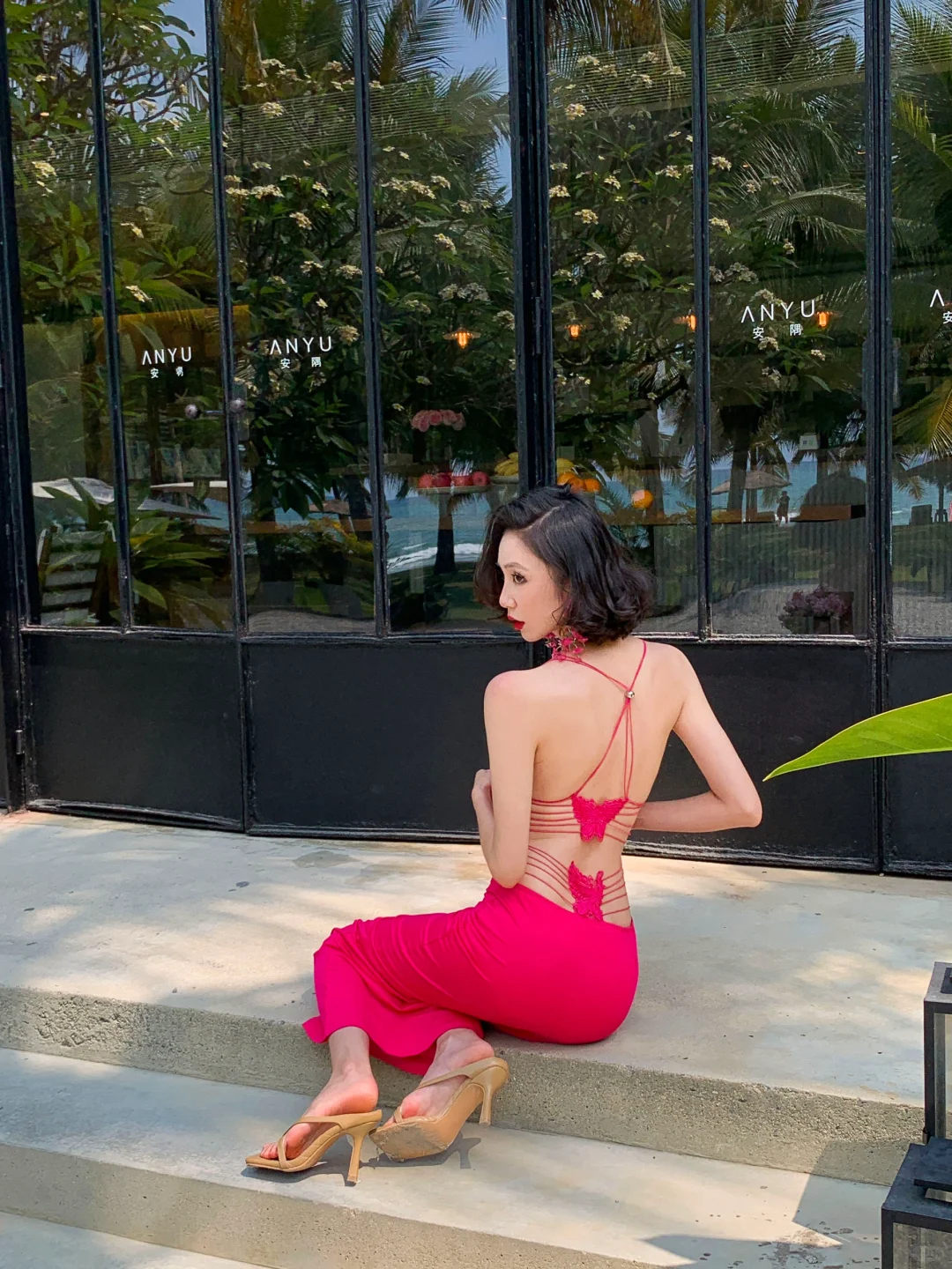 Hot Pink Butterfly Sheath Spaghetti Strap Satin Open Back Long Prom Dress Vacation Dress SH4315