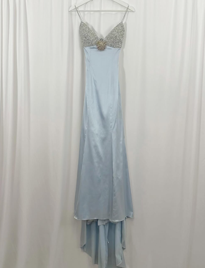Baby Blue A Line Spaghetti Strap Sequin Satin Long Prom Dress Gown Dress SH3590