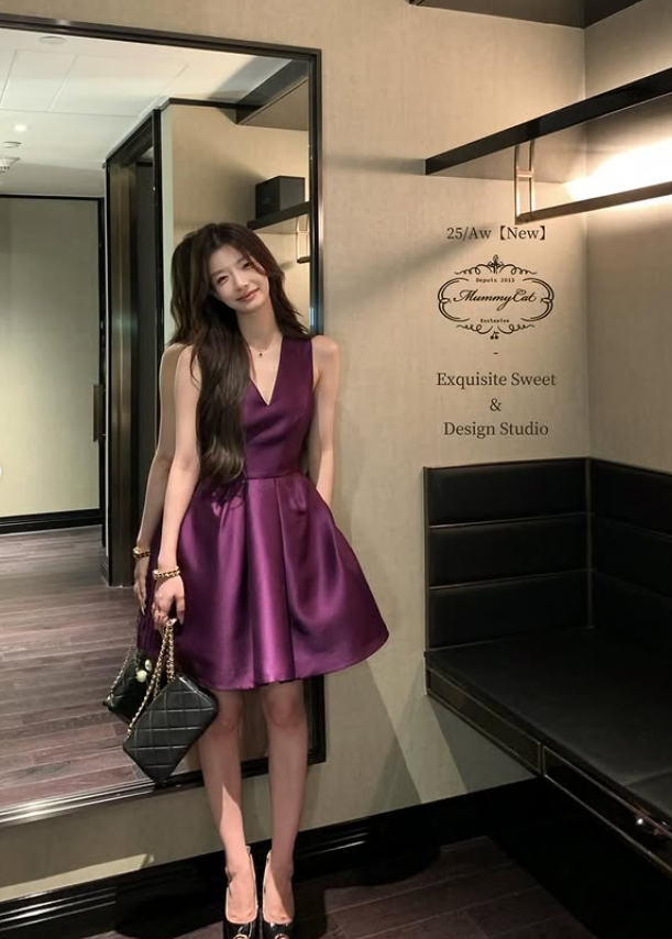 Cute A Line V Neck Purple Satin Short Homecoming Dress Outfits SH5219