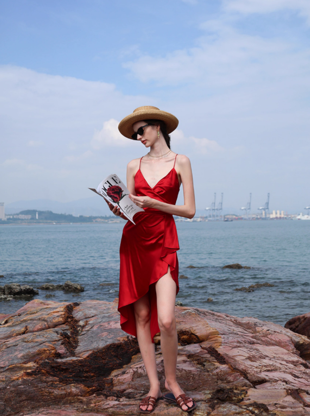 Burgundy A Line Spaghetti Strap Satin Open Back Short Homecoming Dress Vacation Dress Outfits SH3995