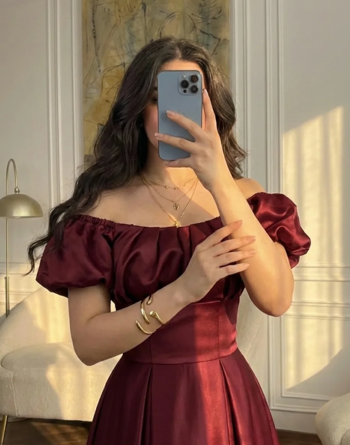Elegant Burgundy A Line Off the Shoulder Satin Prom Dress Wedding Guest Dress SH5418