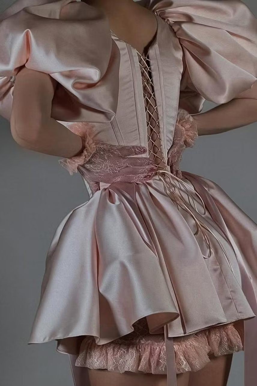Amazing Pink Satin Square Neck Puff Sleeves Slim Short Prom Dress with Ruffles SH7515