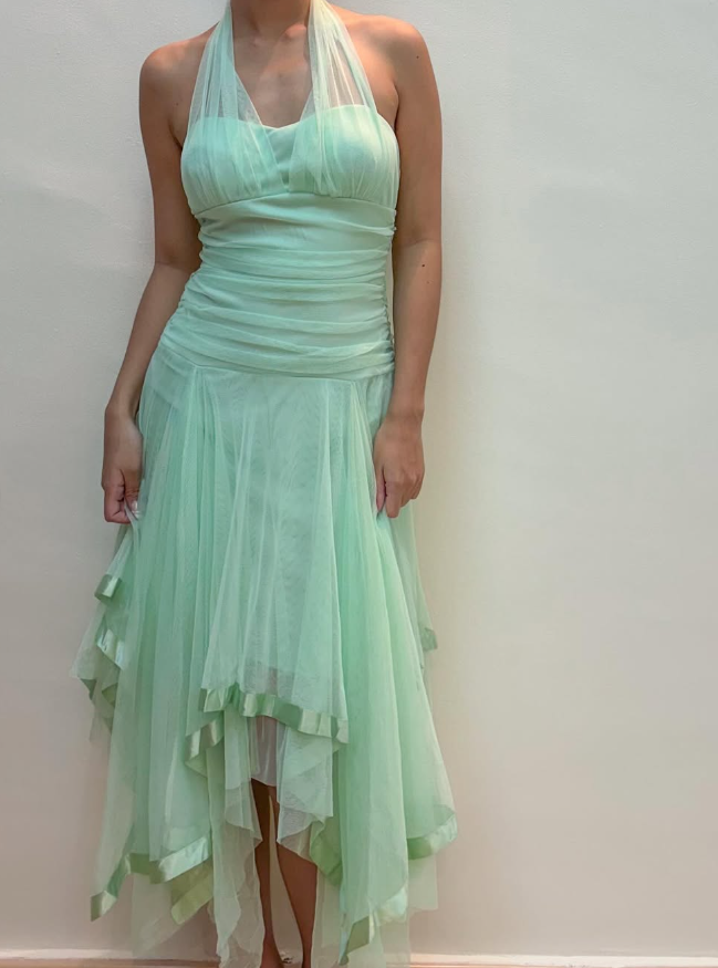 Vintage A Line Halter V Neck Ruffle Green Tulle Short Homecoming Dress Evening Dress SH369