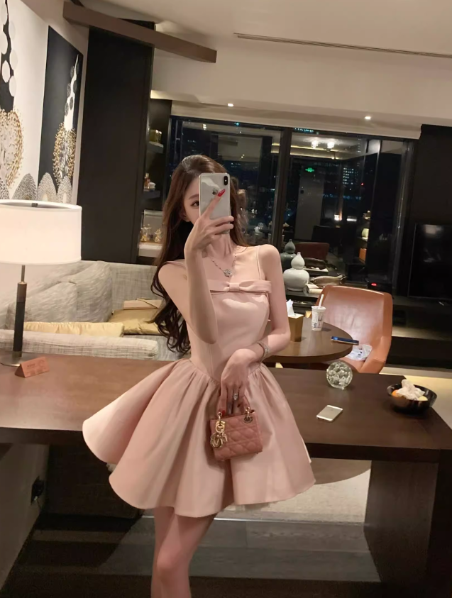 Pink Bow A Line Spaghetti Strap Satin Short Homecoming Dress Cocktail Dress SH3384
