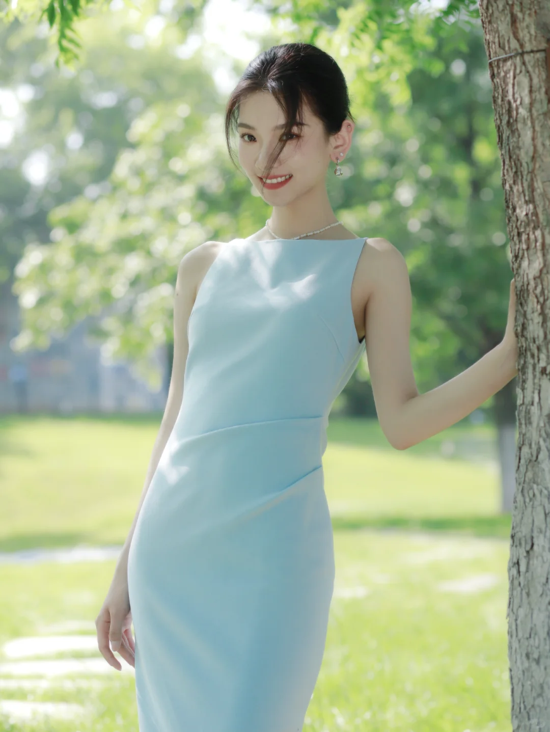 Baby Blue Sheath Round Neck Satin Prom Dress Evening Dress Party Dress SH4217