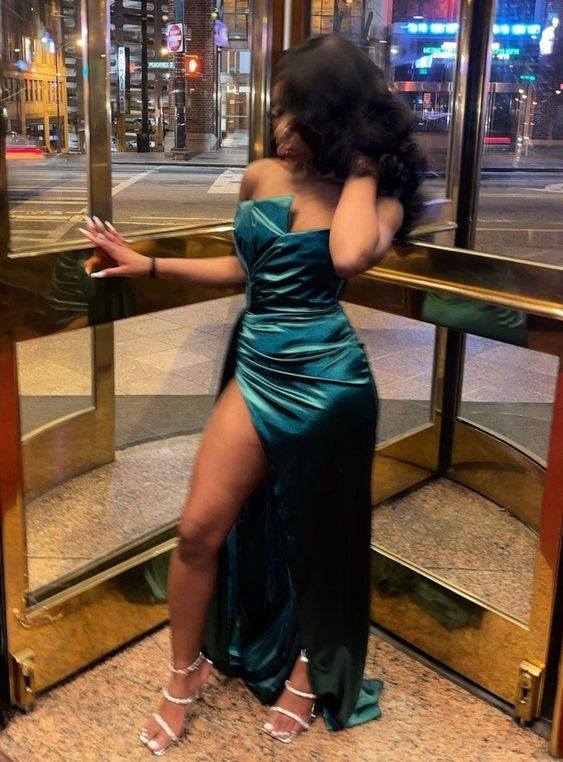 Dark Green Sheath Long Prom Dresses,High Slit Enening Dresses SH847